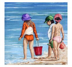 Looking for Seashells Children on the beach figurative painting
